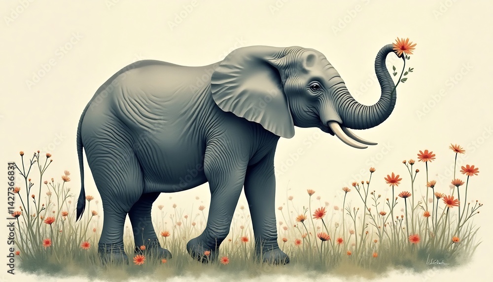 Obraz premium Elephant in Flower Field: An African elephant strolls gracefully through a field of vibrant wildflowers, its trunk reaching towards a delicate poppy in a tender gesture of connection with nature.