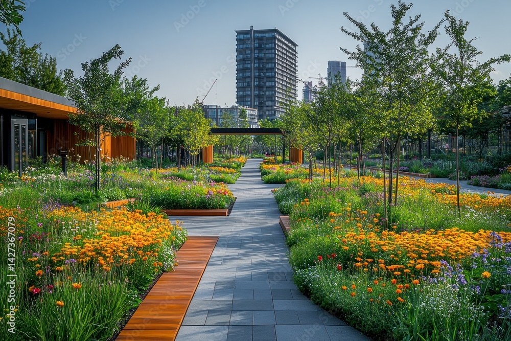 Fototapeta premium Serene Urban Oasis: A Pathway Through Blooming Gardens