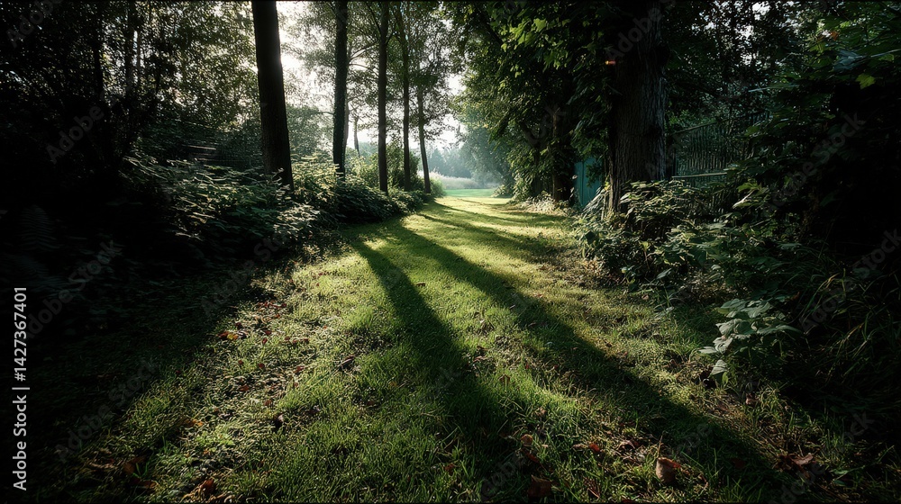 Fototapeta premium Dappled sunlight illuminating a green pathway nature scene realistic photograph serene environment ground level tranquility