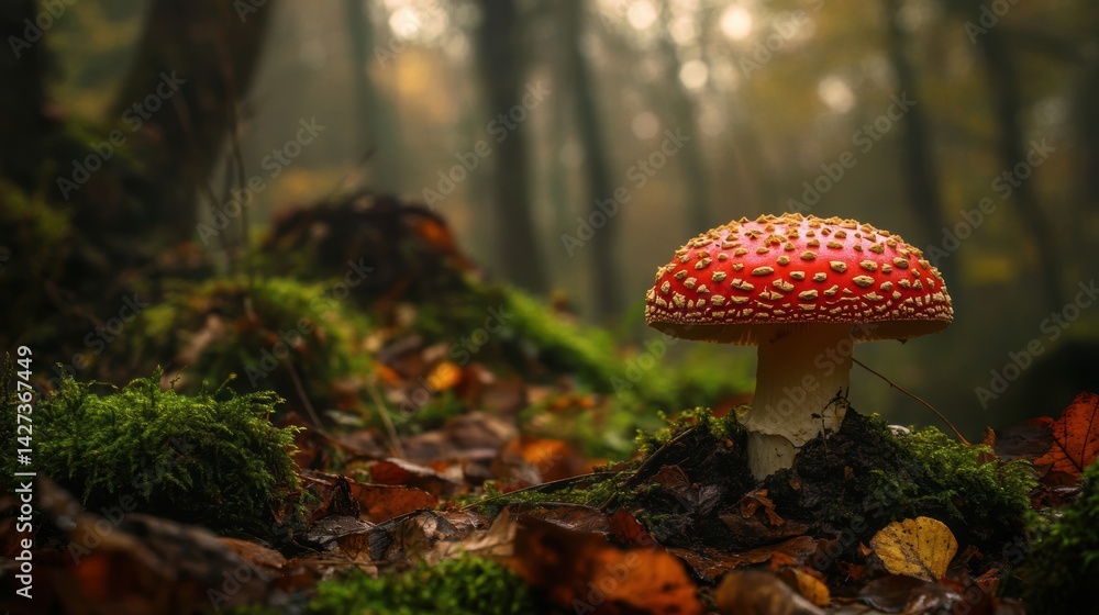Fototapeta premium Vibrant red mushroom in a misty forest.