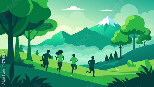 Lush green fields and towering trees providing the backdrop for an epic adventure race pushing teams to their physical and mental limits.. Vector illustration