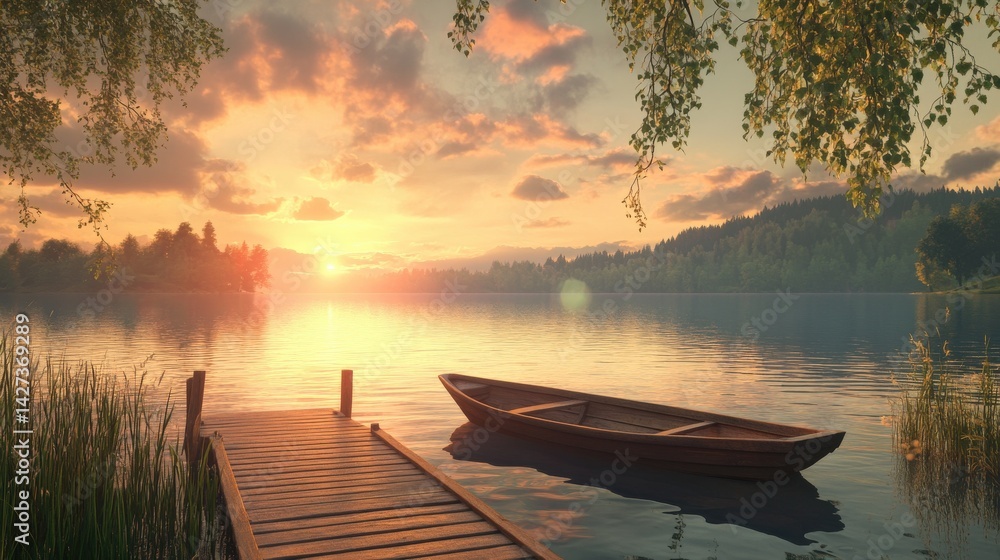 Obraz premium Peaceful sunset over a calm lake and the empty boat