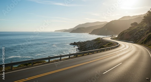 Scenic Coastal Highway with Serpentine Road and Ocean Views under Golden Hour Sunlight