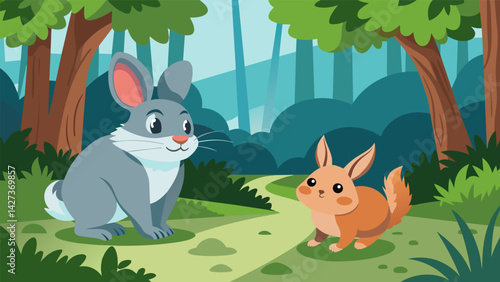 A curious bunny and a friendly chinchilla explore a virtual forest hopping and scampering through the trees as they discover new sights and smells.. Vector illustration