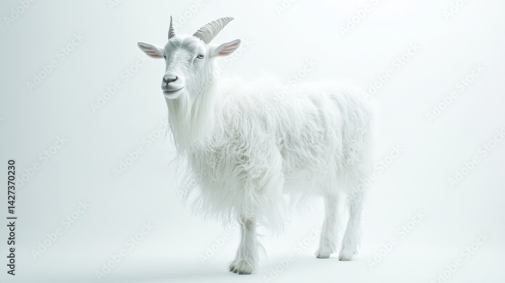 Fototapeta premium A fluffy white goat stands against a backdrop.
