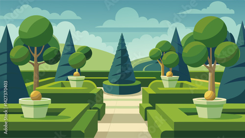 Crisp trimmed topiaries are strategically p throughout the space creating a sense of order and balance within the garden.. Vector illustration