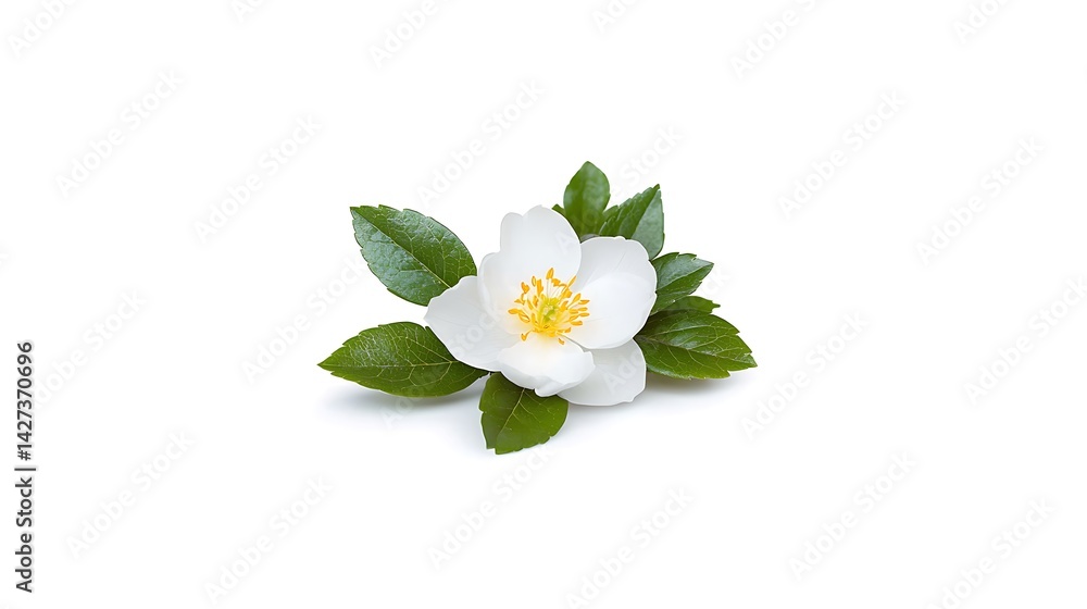 Obraz premium Delicate white flower with vibrant green leaves, isolated on white background