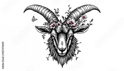 Wallpaper Mural Floral Embellishment: A captivating portrait of a ram, adorned with a delicate floral crown, embodying the beauty of nature's intricate designs.  Torontodigital.ca