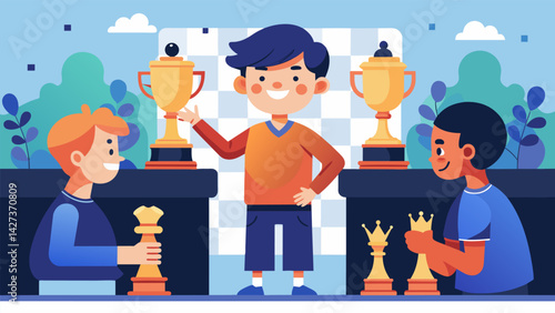 In a chess tournament the youngest and least experienced contestant proudly accepts the firstplace trophy leaving behind a room full of seasoned. Vector illustration