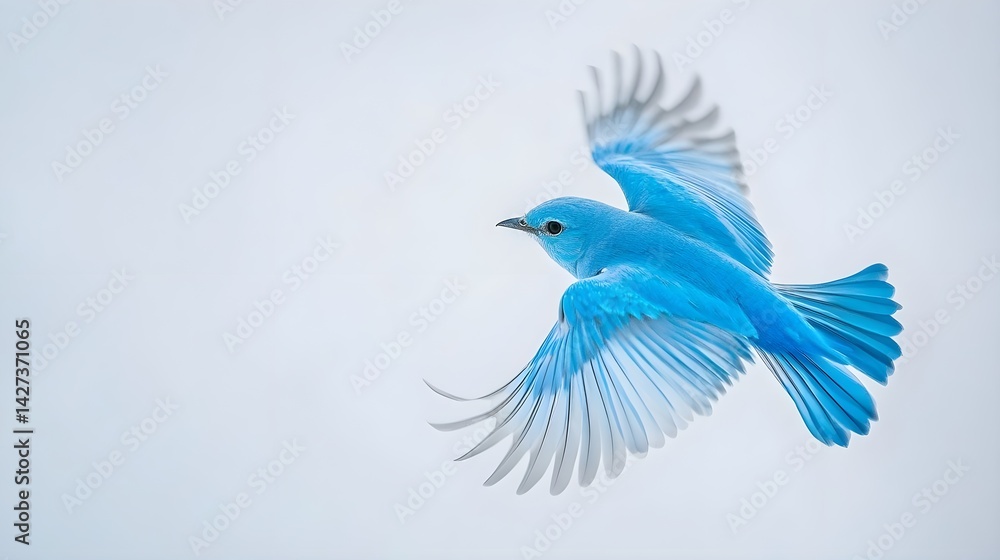 Obraz premium Blue Bird Flying in Air Against Soft White Background