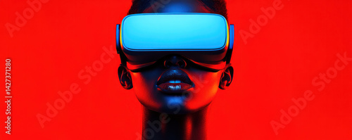 Wallpaper Mural A woman wearing a virtual reality headset. The woman is wearing a blue headset and is looking at the camera Torontodigital.ca