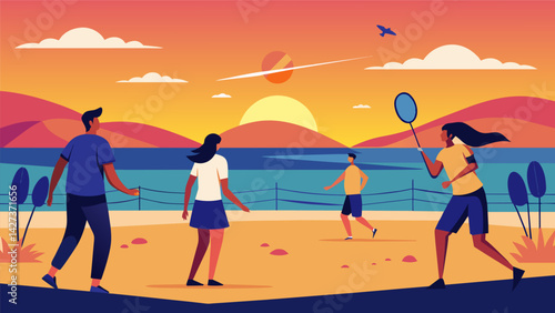 As the sun sets over the horizon two couples continue their friendly badminton competition on the sandy shore.. Vector illustration