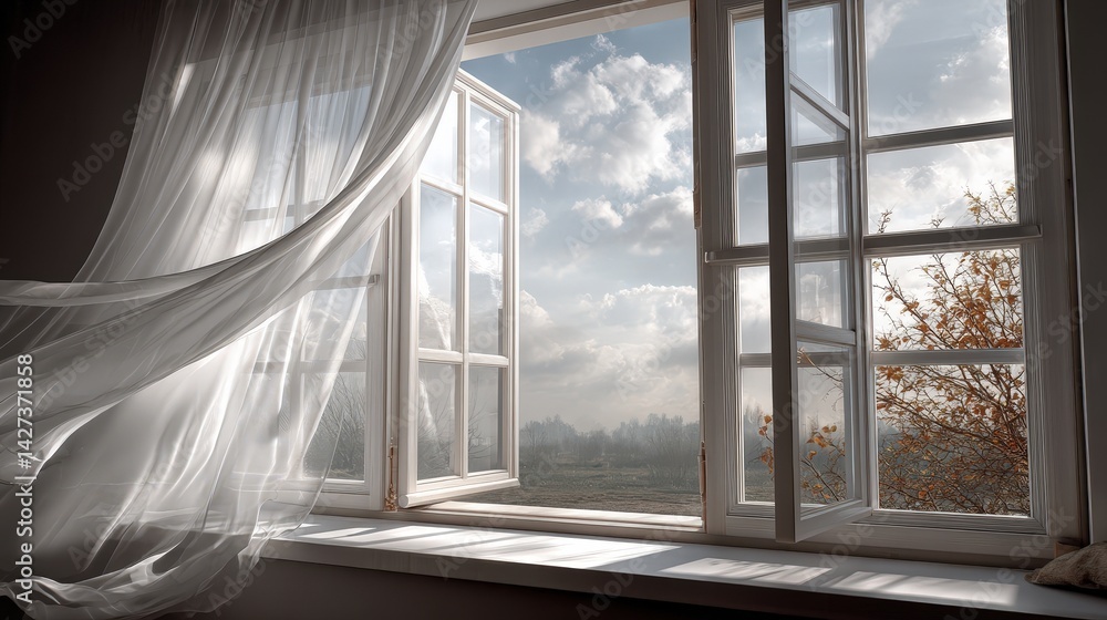 Blowing white curtains open window interior view calm environment natural light realistic photography Blowing white curtains open window interior view calm environment natural light realistic photography