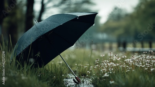 Rainy day scene umbrella on wet grass outdoor photograph nature eye-level realistic