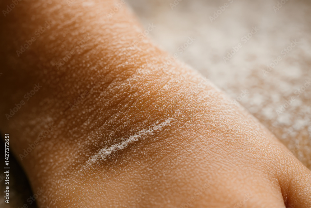 Naklejka premium Close up of skin with flour dust on hand surface