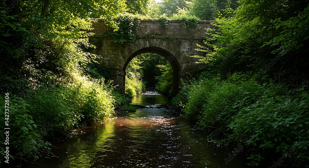 Obraz premium Stone Bridge Over Creek in Lush Green Forest Scenery