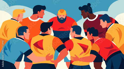 As teams strategize and huddle up before each match the intensity builds in anticipation for the epic battles that await at the Beach Rugby Sevens.. Vector illustration