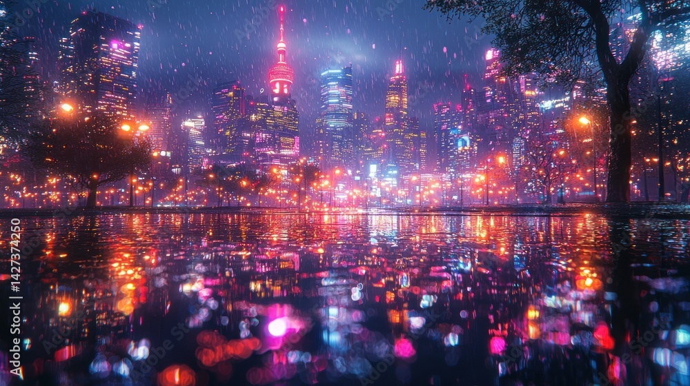 Obraz premium Night City Rain: A Cyberpunk Reflection