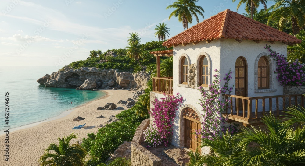 Fototapeta premium White beachfront house with red-tiled roof and arched windows on a sunny tropical beach