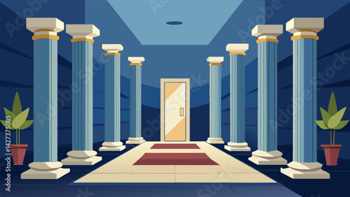 Sleek and elegant marble columns being positioned in the main lobby of the hotel adding a touch of sophistication and grandeur to the entrance.. Vector illustration