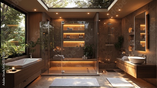 Wallpaper Mural Luxurious Modern Bathroom Design:  Serene Spa-like Atmosphere with Natural Light and Warm Wood Accents Torontodigital.ca