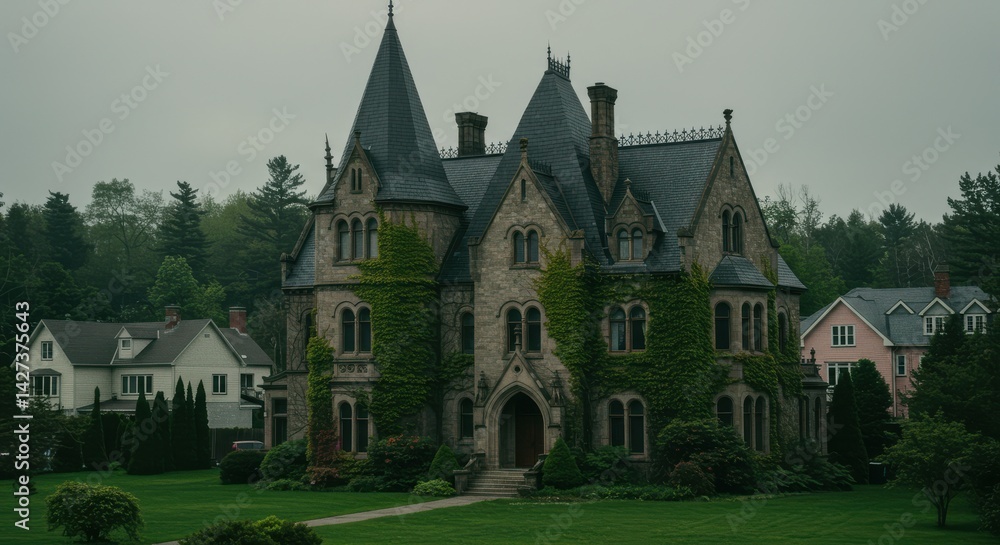 Grand stone mansion with turrets and ivy-covered windows in a lush, green landscape Grand stone mansion with turrets and ivy-covered windows in a lush, green landscape