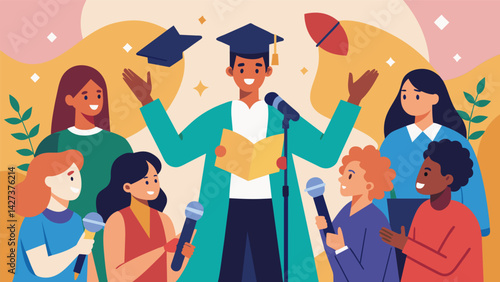 A powerful spoken word performance with students from different backgrounds and majors coming together to share their experiences and demands for. Vector illustration