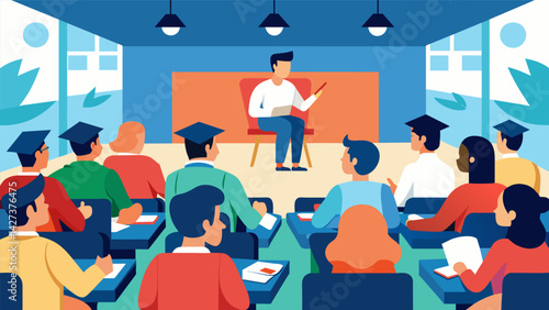 An auditorium filled with students studying at a university while a small group of students are gathered around a table at a community college.. Vector illustration