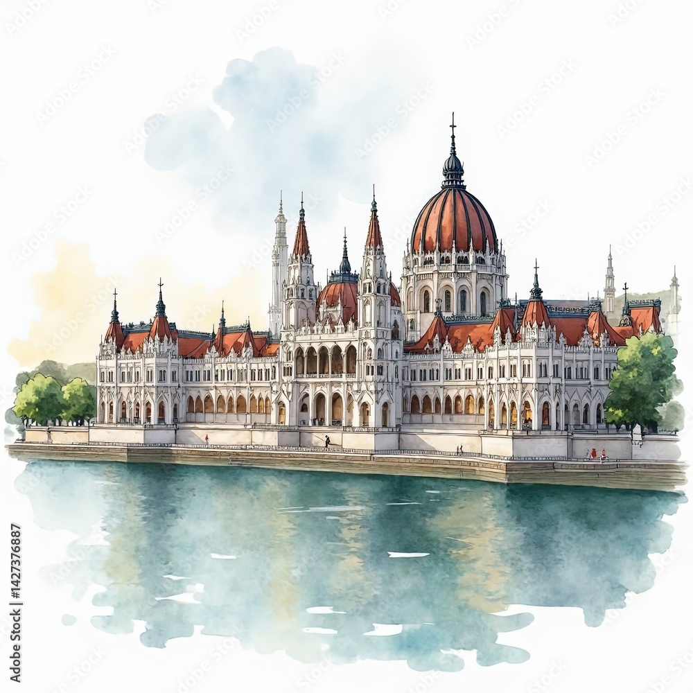 Obraz premium Stunning Watercolor Painting of the Hungarian Parliament Building in Budapest
