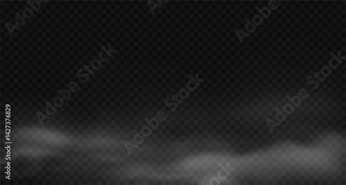White smoke and mist blending with spooky fog, steam, and cloud effects in spooky background scene. Realistic ground-level haze isolated on dark transparent backdrop for horror visuals, Halloween