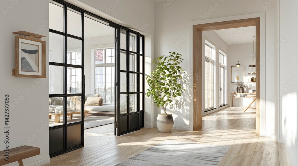 Fototapeta premium Bright Interior with Black Framed Glass Door, Hallway and Wooden Bench with Plant