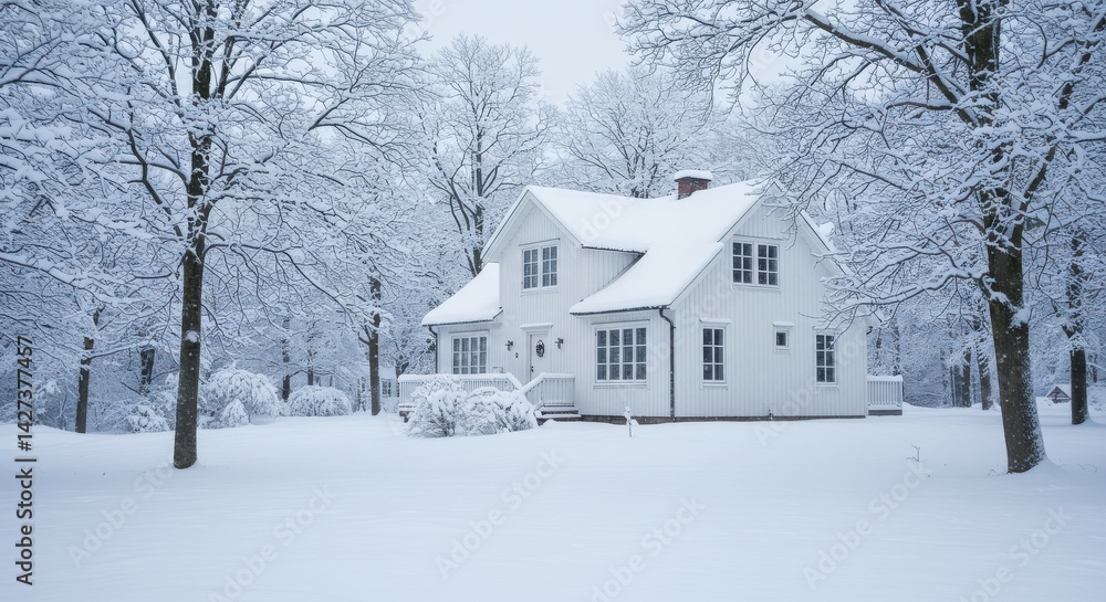 Naklejka premium Traditional two-story house in a serene snowy winter landscape