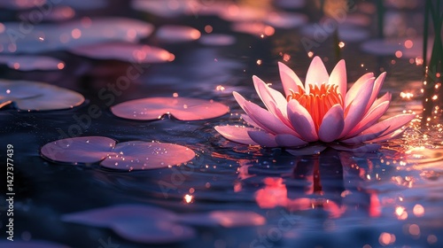A luminous pink lotus blossom floats serenely amidst dark water and lily pads, illuminated by warm, sparkling light