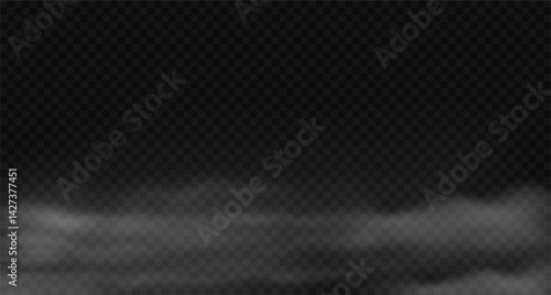 Spooky white smoke and fog background with clouds flowing mist creating mysterious effect. Realistic ground haze isolated on dark transparent background