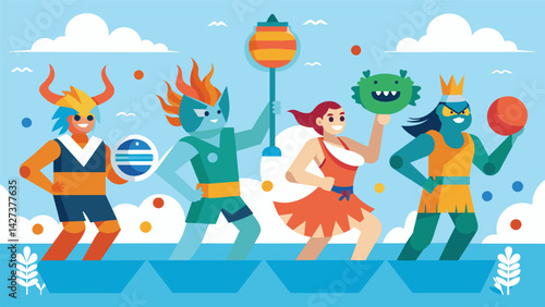 Creative team names and costumes add to the festive atmosphere as players battle for the ultimate title of water basketball champions.. Vector illustration