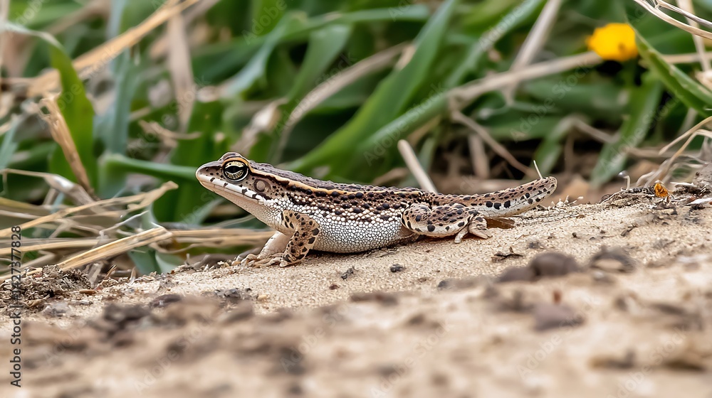 Small frog, brown and tan patterned skin, perched on sandy ground near green grass Small frog, brown and tan patterned skin, perched on sandy ground near green grass