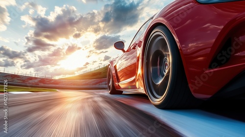 Red sports car speeding on a racetrack, capturing motion and a golden sunset glow. Dynamic and powerful automotive photography
