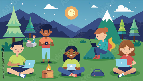 At Natures Oasis Camp kids can unplug and unwind from the constant buzz of technology. Theyll learn survival skills go on hikes and enjoy campfire. Vector illustration