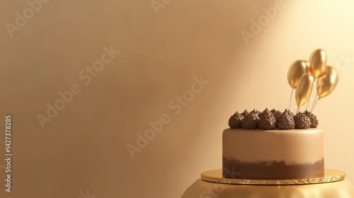 Golden-toned cake with textured frosting and balloon accents, set against a warm, monochromatic backdrop. Elegant and celebratory
