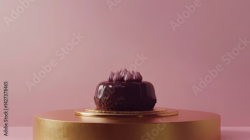 A dark chocolate dessert sits atop a golden pedestal against a muted pink backdrop, creating a luxurious and elegant presentation