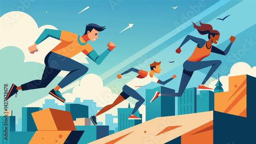 Bursting with energy and determination free runners navigate through a maze of urban obstacles in a fastpaced parkour battle pushing themselves to the. Vector illustration