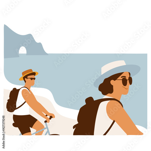 Couple cycling on a coastal path wearing summer hats and backpacks, enjoying scenic sea view