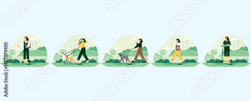 Various people activity in park set. Walking with dog on street, riding kick scooter, walking.