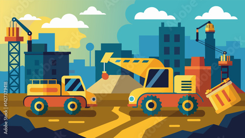 The constant beeping of heavy machinery backing up and the loud revs of engines fill the air creating a sense of urgency and movement.. Vector illustration
