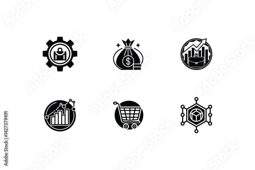 Business Icon Set – Silhouette Vector Illustration of Office, Finance, and Corporate Concepts