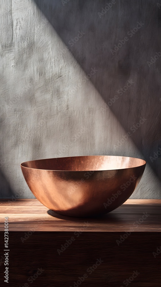 Shiny Copper Bowl on a Wooden Table with Sunlight and Textured Gray Wall Backdrop Shiny Copper Bowl on a Wooden Table with Sunlight and Textured Gray Wall Backdrop