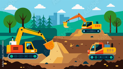 The excavators work tirelessly through rain and shine digging through all types of soil and debris to create a strong and stable foundation for the. Vector illustration
