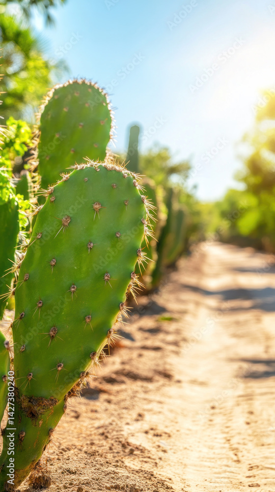 A cactus is standing in the dirt next to a road. The cactus is green and has many spines. The road is dirt and there is a clear blue sky above A cactus is standing in the dirt next to a road. The cactus is green and has many spines. The road is dirt and there is a clear blue sky above