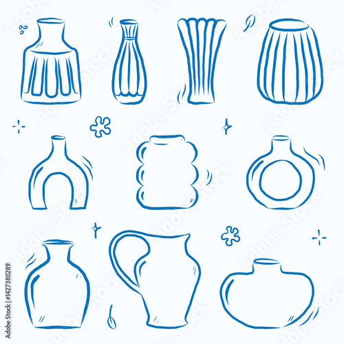 A charming set of hand-drawn vase and pot sketches in minimalist with doodle ink style