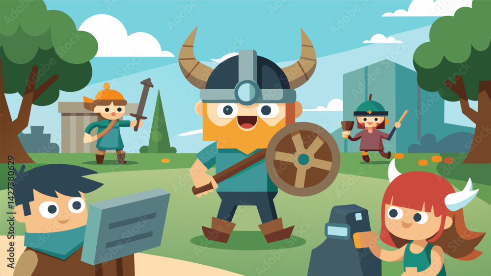 Fototapeta premium A virtual reality simulation allows the children to experience life as a Viking and participate in raids and battles.. Vector illustration
